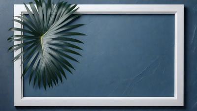 The primary subject of the image is a large green palm leaf, which is prominently displayed in the foreground. The setting is a blue wall, which serves as the background for the palm leaf. The visual style of the image is a photo, capturing the natural beauty of the palm leaf. The dominant colors in the image are green and blue, creating a serene and calming atmosphere.