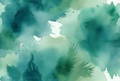The primary subject of the image is a painting of a green forest. The setting is a lush, green environment with a waterfall in the background. The visual style is a watercolor painting, giving the image a vibrant and natural atmosphere. The dominant colors are green and blue, creating a serene and calming mood.