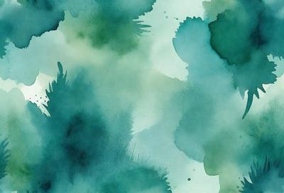 The primary subject of the image is a close-up of a green plant with a blue background. The setting appears to be a watercolor painting, giving the scene a vibrant and artistic visual style. The dominant colors in the image are green and blue, creating a serene and natural atmosphere.