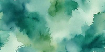 The primary subject of the image is a close-up of a green plant with water droplets on it. The setting is a watercolor painting, which gives the image a vibrant and artistic visual style. The dominant colors are green and blue, creating a serene and natural atmosphere.