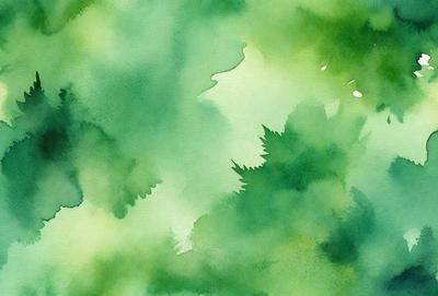 The primary subject of the image is a green tree with leaves. The setting is a forest, and the visual style is a watercolor painting. The colors and mood of the image are predominantly green, creating a serene and natural atmosphere.