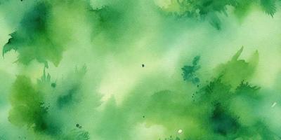 The primary subject of the image is a green, watercolor-style painting of a forest. The setting is a lush, green forest with trees and foliage. The visual style is a watercolor painting, which gives the image a vibrant and natural atmosphere. The dominant colors are green, with some blue and yellow accents, creating a serene and calming mood.