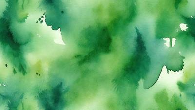 The primary subject of the image is a green, watercolor-like painting of a tree. The setting is a forest, and the visual style is a mix of a painting and a drawing. The colors and mood of the painting are predominantly green, creating a serene and natural atmosphere.