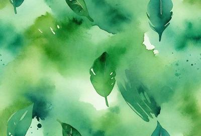 The primary subject of the image is a green leaf, which is the main object, scene, or focus of the image. The setting/background consists of a green and white watercolor painting, which adds a vibrant and artistic touch to the scene. The visual style of the image is a watercolor painting, which gives it a unique and creative appearance. The dominant colors in the painting are green and white, creating a lively and fresh atmosphere.