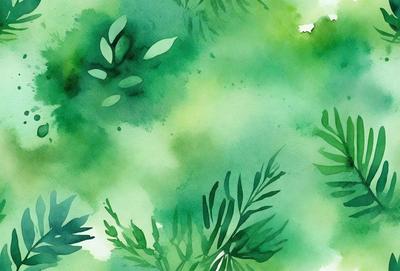 The primary subject of the image is a green plant with leaves and branches. The setting is a watercolor painting, which gives the image a vibrant and lively atmosphere. The visual style is a combination of artistic and natural elements, creating a unique and captivating scene. The colors and mood of the image are predominantly green, which adds to the overall sense of freshness and growth.
