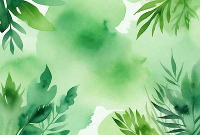The primary subject of the image is a green leafy plant with a watercolor-like appearance. The setting is a lush green forest, with the plant surrounded by other green leaves. The visual style is a combination of a photo and a watercolor painting, creating a vibrant and natural atmosphere. The dominant colors are green, with some shades of blue and yellow, contributing to a serene and calming mood.