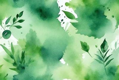 The primary subject of the image is a green leaf, which is the main object, scene, or focus of the image. The setting/background consists of a forest, with trees and leaves visible in the background. The visual style of the image is a watercolor painting, which gives it a unique and artistic appearance. The dominant colors in the image are green, which is the color of the leaf, and various shades of green from the forest. The overall atmosphere of the image is serene and natural, as it captures the beauty