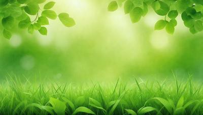 The primary subject of the image is a lush green field with grass and leaves. The setting is a bright, sunny day, and the visual style is a painting or drawing. The colors and mood are vibrant and serene, with the green grass and leaves creating a sense of tranquility and natural beauty.