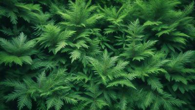 The primary subject of the image is a dense forest filled with green ferns and foliage. The setting is a lush, green environment, with the background featuring a variety of green plants. The visual style is a close-up of the ferns, showcasing their intricate details. The colors and mood of the image are predominantly green, creating a serene and natural atmosphere.