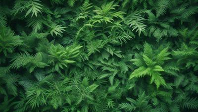 The primary subject of the image is a dense, lush green forest filled with various types of plants and ferns. The setting is a forest environment, with the plants and ferns covering the entire scene. The visual style of the image is a photo, capturing the natural beauty of the forest. The dominant colors in the image are green, which is prevalent in the plants and ferns, and the overall atmosphere is serene and peaceful.