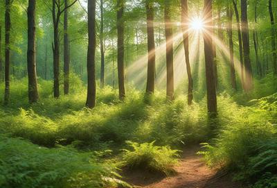 The primary subject of the image is a forest path surrounded by lush green trees. The setting is a serene, natural environment with a sunny day. The visual style is a photo, capturing the beauty of the forest and the sunlight filtering through the trees. The colors and mood are predominantly green, with the sunlight creating a warm and inviting atmosphere.
