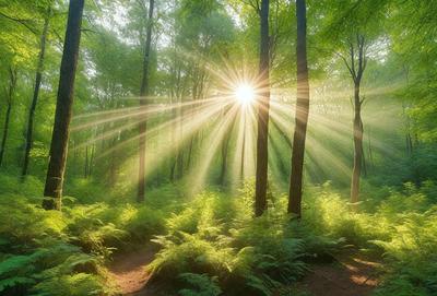 The primary subject of the image is a sun shining through the trees in a forest. The setting is a lush green forest with many trees, creating a serene and natural atmosphere. The visual style is a photo, capturing the beauty of the sunlight filtering through the trees. The colors and mood are predominantly green, with the sunlight creating a warm and inviting ambiance.