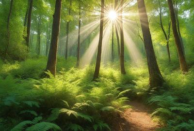 The primary subject of the image is a path surrounded by lush green trees and ferns. The setting is a forest, with the sun shining through the trees, creating a bright and serene atmosphere. The visual style is a photo, capturing the natural beauty of the forest and the sunlight filtering through the trees. The colors and mood are predominantly green, with the sunlight adding a warm and inviting touch to the scene.