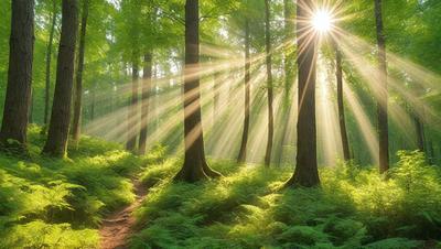 The primary subject of the image is a forest filled with tall trees. The setting is a lush green forest with sunlight shining through the trees, creating a serene and peaceful atmosphere. The visual style of the image is a photo, capturing the beauty of nature. The dominant colors are green, as seen in the trees and the sunlight, and the overall mood is calm and tranquil.