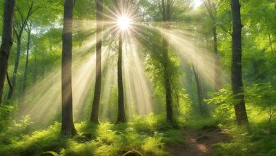 The primary subject of the image is a forest filled with trees and sunlight. The setting is a lush green forest with sunlight streaming through the trees, creating a serene and peaceful atmosphere. The visual style is a natural, outdoor scene, with the sunlight and trees creating a realistic and visually appealing image. The colors and mood are predominantly green, with the sunlight adding a warm and inviting touch to the scene.