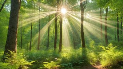 The primary subject of the image is a forest filled with trees and sunlight. The setting is a lush green forest with sunlight streaming through the trees, creating a bright and vibrant atmosphere. The visual style is a natural, outdoor scene with a focus on the trees and sunlight. The colors and mood are predominantly green, with the sunlight adding a warm and inviting touch to the environment.