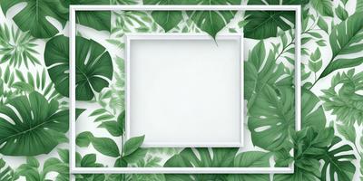 The primary subject of the image is a square frame with a white background. The setting is a green leafy background, which adds a natural and vibrant touch to the scene. The visual style is a combination of a photo and digital art, creating a unique and eye-catching design. The colors and mood of the image are predominantly green, which gives it a fresh and lively atmosphere.