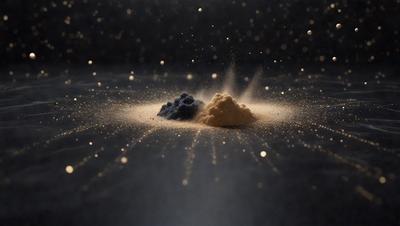 The primary subject of the image is a yellow and blue powder, which is likely a colorful substance or a powdered material. The setting is a dark background, which contrasts with the bright colors of the powder. The visual style appears to be a close-up of the powder, possibly a photo or a digital artwork. The colors and mood of the image are vibrant and lively, with the yellow and blue powder standing out against the dark background.