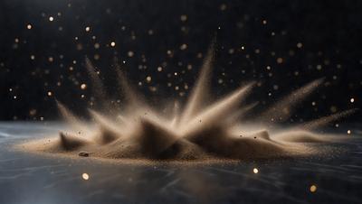 The primary subject of the image is a pile of sand or dust, which is the main object, scene, or focus of the image. The setting is a dark room, and the visual style is a photo. The colors and mood of the image are predominantly dark, with the sand or dust being the main source of light and contrast.
