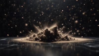 The primary subject of the image is a pile of sand or powder, which is the main object, scene, or focus of the image. The setting or background of the image is a dark, possibly black, surface. The visual style of the image is a close-up of the sand or powder, which gives it a more detailed and textured appearance. The colors and mood of the image are predominantly dark, with the sand or powder being the main source of contrast and visual interest.