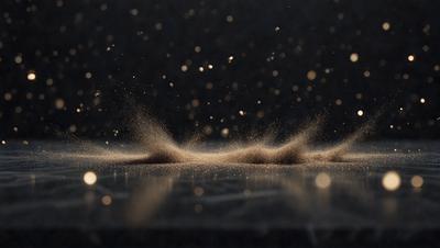 The primary subject of the image is a close-up of a dusty surface, possibly a table or a counter, with a pattern of sand or dirt. The setting is indoors, with a black background. The visual style appears to be a photo, as it captures the fine details of the dust particles. The colors in the image are predominantly black and white, with the sand or dirt being the main focus. The overall atmosphere of the image is somewhat mysterious and intriguing, as it showcases the