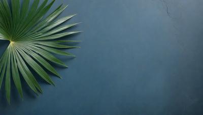 The primary subject of the image is a large green palm leaf. The leaf is prominently displayed in the foreground, with a blue wall in the background. The visual style of the image is a photo, capturing the natural beauty of the palm leaf. The colors and mood of the image are predominantly green and natural, creating a serene and calming atmosphere.