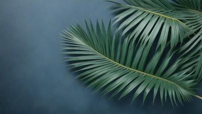 The primary subject of the image is a large green palm leaf. The leaf is prominently displayed against a dark blue background, creating a striking contrast. The visual style of the image is a close-up of the palm leaf, showcasing its intricate details. The colors and mood of the image are predominantly dark and moody, with the green palm leaf being the main focal point.