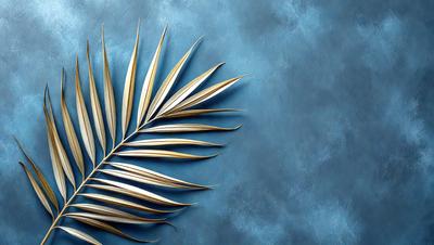 The primary subject of the image is a close-up of a palm leaf. The setting is a blue wall, which serves as the background. The visual style is a photo, capturing the details of the palm leaf. The dominant colors are blue and yellow, creating a calm and serene atmosphere.