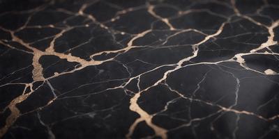 The primary subject of the image is a close-up of a black and gold marbled surface, which appears to be a piece of marble or a marbled wall. The setting is a dark room, and the visual style is a close-up of the marbled surface. The colors and mood of the image are predominantly dark, with the gold and black marbled surface providing a contrasting and visually appealing element.