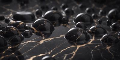 The primary subject of the image is a close-up of a black marble surface with several black marble balls or beads on it. The setting is a black background, and the visual style appears to be a close-up of the marble surface. The colors and mood of the image are predominantly black, giving it a sleek and modern appearance.
