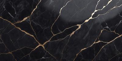 The primary subject of the image is a marble countertop with a gold-colored pattern. The setting is a kitchen, and the visual style is a close-up of the marble countertop. The dominant colors are black and gold, creating a luxurious and elegant atmosphere.