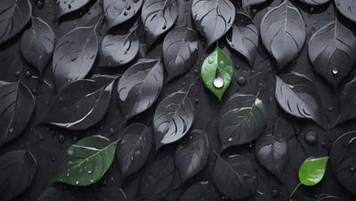 The primary subject of the image is a close-up of a leaf with water droplets on it. The leaf is green and appears to be a part of a larger arrangement of leaves. The setting is a black background, which contrasts with the green leaf and the water droplets. The visual style is a close-up of the leaf, emphasizing its details and the water droplets. The colors and mood of the image are predominantly green and wet, creating a serene and natural atmosphere.