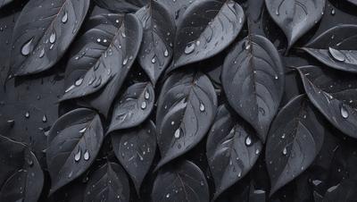 The primary subject of the image is a close-up of a leaf with water droplets on it. The leaf is black and appears to be a part of a larger arrangement of leaves. The setting is a dark background, which emphasizes the leaf and its water droplets. The visual style is a close-up, which highlights the details of the leaf and the water droplets. The colors and mood of the image are predominantly dark, with the black leaf and the water droplets creating a moody