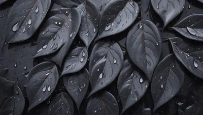 The primary subject of the image is a close-up of a leaf with water droplets on it. The leaf is black and appears to be a part of a larger group of leaves. The setting is a dark background, which emphasizes the leaf and its water droplets. The visual style is a close-up, which highlights the details of the leaf and the water droplets. The colors and mood of the image are predominantly dark, with the black leaf and the water droplets creating a moody
