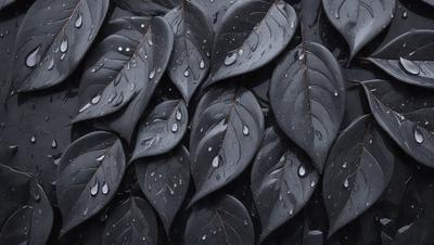 The primary subject of the image is a close-up of a leaf with water droplets on it. The leaf is black and appears to be a part of a larger arrangement of leaves. The setting is a dark background, which emphasizes the leaf and its water droplets. The visual style is a close-up, which highlights the details of the leaf and the water droplets. The colors and mood of the image are predominantly dark, with the black leaf and the water droplets creating a moody