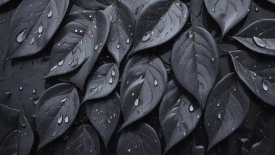 The primary subject of the image is a close-up of a leaf with water droplets on it. The leaf is black and appears to be a part of a larger group of leaves. The setting is a dark background, which emphasizes the leaf and its water droplets. The visual style is a close-up, which highlights the details of the leaf and the water droplets. The colors and mood of the image are predominantly dark, with the black leaf and the water droplets creating a moody