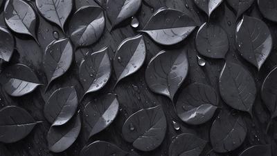 The primary subject of the image is a pattern of leaves, which are arranged in a visually appealing manner. The setting is a black background, which contrasts with the leaves, creating a striking visual effect. The visual style is a combination of photo and digital art, as the leaves are arranged in a way that resembles a painting or drawing. The colors and mood of the image are predominantly dark, with the leaves being the main focus and the black background providing a dramatic backdrop.