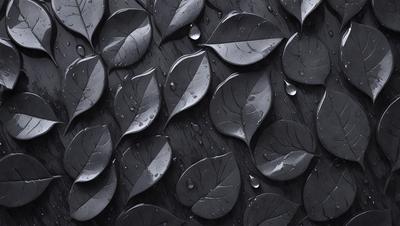 The primary subject of the image is a pattern of leaves, which are arranged in a visually appealing manner. The setting is a black background, which contrasts with the leaves, creating a striking visual effect. The visual style is a combination of photo and digital art, as the leaves are arranged in a way that resembles a painting or drawing. The colors and mood of the image are predominantly dark, with the leaves being the main focus and the black background providing a dramatic backdrop.