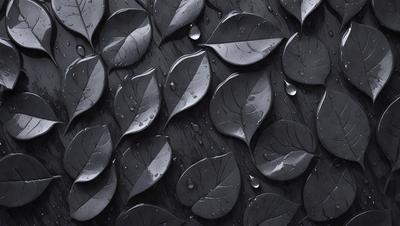 The primary subject of the image is a close-up of a black background with a pattern of leaves. The leaves are arranged in a way that creates a visually interesting and artistic composition. The setting is a dark background, which emphasizes the leaves and their pattern. The visual style is a combination of a photo and digital art, as the leaves are arranged in a way that resembles a painting or drawing. The colors and mood of the image are predominantly dark, with the black background and the leaves creating a moody