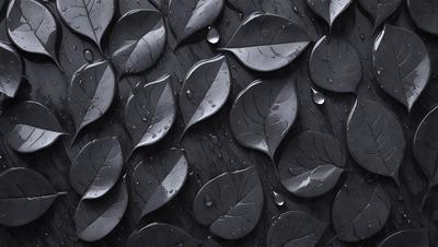 The primary subject of the image is a pattern of leaves, which are arranged in a visually appealing manner. The setting is a black background, which contrasts with the leaves, creating a striking visual effect. The visual style is a combination of photo and digital art, as the leaves are arranged in a way that resembles a painting or drawing. The colors and mood of the image are predominantly dark, with the leaves being the main focus and the background serving as a contrasting element.