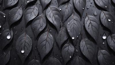 The primary subject of the image is a close-up of a black background featuring a pattern of leaves. The leaves are arranged in a way that creates a visually interesting and artistic composition. The setting is a dark background, which contrasts with the bright and vibrant colors of the leaves. The visual style of the image is a combination of photo and digital art, as it captures the intricate details of the leaves while maintaining a cohesive and visually appealing design. The colors and mood of the image are