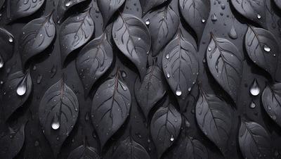 The primary subject of the image is a close-up of a black and white photograph of a leaf pattern. The setting is a black background, which emphasizes the leaf pattern. The visual style is a black and white photograph, giving it a classic and timeless appearance. The colors and mood of the image are predominantly black and white, creating a sense of elegance and sophistication.
