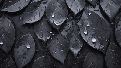 The primary subject of the image is a close-up of a leaf with water droplets on it. The leaf is black and appears to be a part of a larger pattern or design. The setting is a black background, which emphasizes the leaf and its water droplets. The visual style is a close-up of the leaf, showcasing its details and texture. The colors and mood of the image are predominantly dark, with the water droplets adding a touch of brightness and life to the scene.