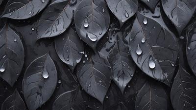 The primary subject of the image is a close-up of a leaf with water droplets on it. The leaf is black and appears to be a part of a larger pattern or design. The setting is a black background, which emphasizes the leaf and its details. The visual style is a close-up, focusing on the intricate details of the leaf. The colors are predominantly black, with the water droplets adding a touch of white. The overall atmosphere is one of beauty and elegance, as the water dro