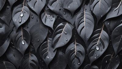 The primary subject of the image is a close-up of a leaf with water droplets on it. The leaf is black and appears to be a part of a larger pattern or design. The setting is a black background, which emphasizes the leaf and its details. The visual style is a close-up, focusing on the intricate details of the leaf. The colors are predominantly black, with the water droplets adding a touch of white. The overall atmosphere is one of beauty and elegance, as the water dro