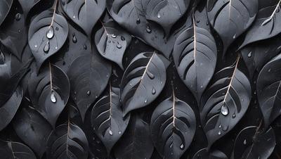 The primary subject of the image is a close-up of a leaf with water droplets on it. The leaf is black and appears to be a part of a larger pattern or design. The setting is a black background, which emphasizes the leaf and its details. The visual style is a close-up, focusing on the intricate details of the leaf. The colors are predominantly black, with the water droplets adding a touch of white. The overall atmosphere is one of beauty and elegance, as the water dro
