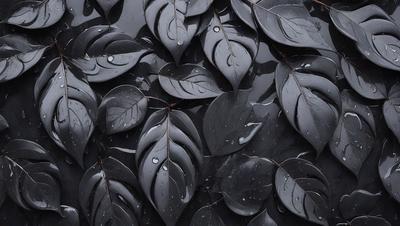 The primary subject of the image is a close-up of a large group of leaves, possibly from a tree or a plant. The leaves are arranged in a dense pattern, creating a visually striking scene. The setting appears to be a dark, possibly wet, environment, which adds to the overall mood of the image. The visual style of the image is a close-up, which emphasizes the details of the leaves and their arrangement. The colors in the image are predominantly dark, with the leaves being the main focus, creating