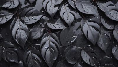 The primary subject of the image is a close-up of a large group of leaves, possibly from a tree or a plant. The leaves are arranged in a dense pattern, creating a visually striking scene. The setting appears to be a dark, possibly wet, environment, which adds to the overall mood of the image. The visual style of the image is a close-up, which emphasizes the details of the leaves and their arrangement. The colors in the image are predominantly dark, with the leaves being the main focus, creating