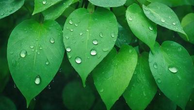The primary subject of the image is a close-up of a leaf with water droplets on it. The leaf is green and appears to be a part of a plant. The setting is a natural environment, with the leaf being the main focus of the image. The visual style is a close-up, which emphasizes the details of the water droplets on the leaf. The colors in the image are predominantly green, which adds to the natural and serene atmosphere of the scene.