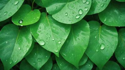 The primary subject of the image is a large green leaf with water droplets on it. The leaf is surrounded by other green leaves, creating a lush and vibrant scene. The setting appears to be a natural environment, possibly a forest or a garden. The visual style of the image is a close-up of the leaf, emphasizing the details of the water droplets and the leaf's texture. The colors in the image are predominantly green, which adds to the natural and serene atmosphere of the scene.